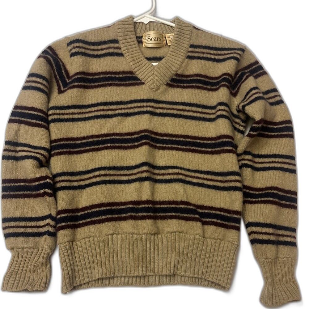 Vintage Sears Wool Striped V Neck Sweater Womens Size M